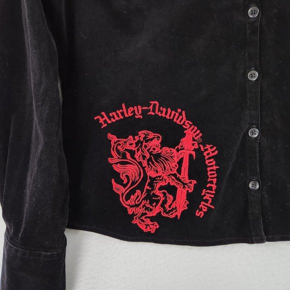 Harley Davidson Shirt Womens Medium Black Micro Cord Embroidered Dragon Corduroy - Picture 3 of 13